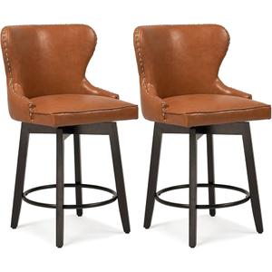 CUYOCA Swivel Bar Stool Counter Height Barstool with Rivet Trim Wing Backs & Wood Frame Legs, Upholstered Traditional Barstools for Kitchen Island Pub Bistro, Saddle Brown (2 Pieces - 26" Counter Height)