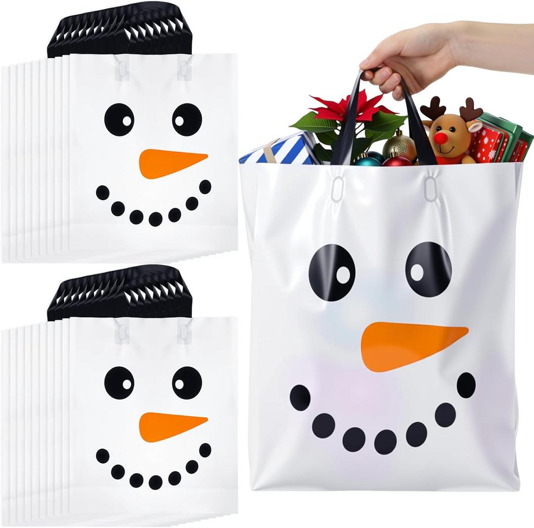 Motiskyy 50 Pcs Valentines Day Plastic Gift Bags Bulk with Handle 12 x 15 Inch Heart Treat Bag Winter Snowman Goodie Bag Easter Shopping Bags for Party Favors Small Business(Snowman,12 x 15 Inch)