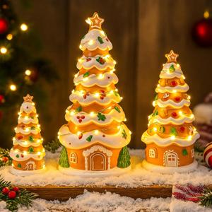 Roowest 3 Pcs Gingerbread House Decor with Tree Theme Ceramic Gingerbread Village House with LED Light 8, 6, 4inch Christmas Tree Decor Tabletop Figure for Indoor Festive Holiday or Party