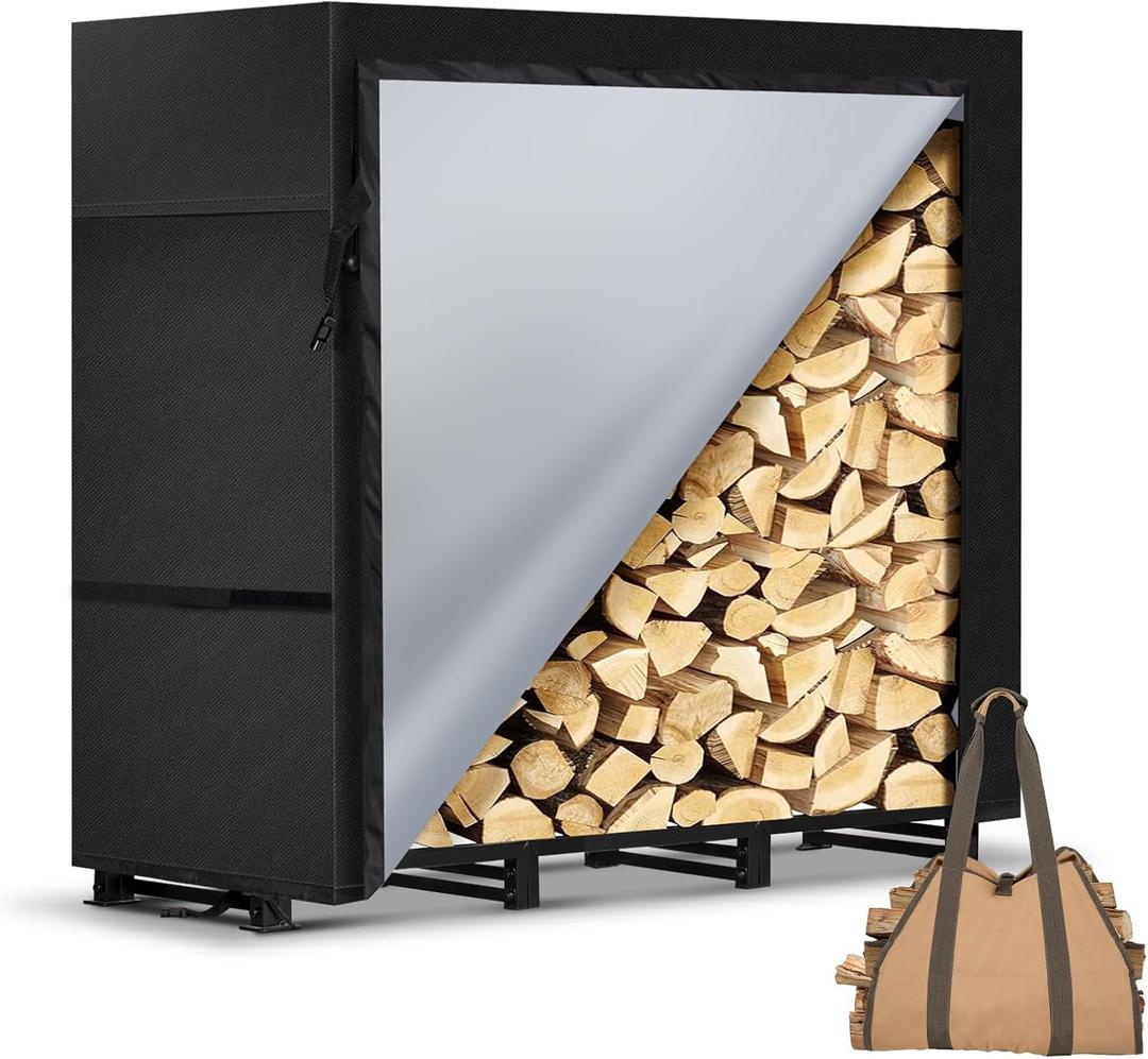 4ft Firewood Rack Outdoor with Waterproof Widened Cover, Heavy Duty Firewood Holder includes Hooks, Powder-coated Wood Rack with Carrier Bag, Firewood Storage Rack for Fireplace Deck Patio