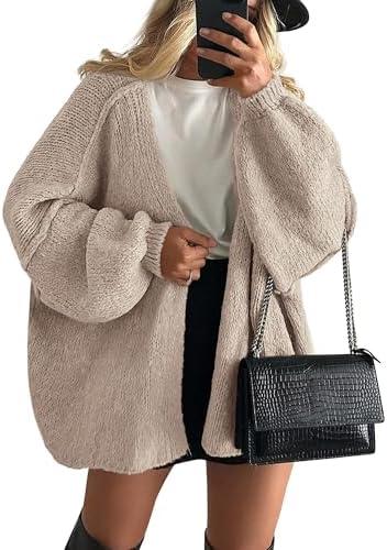 PRETTYGARDEN Womens Oversized Cardigan Sweaters 2025 Fall Long Lantern Sleeve Knit Open Front Lightweight Sweater, Grey-Beige S