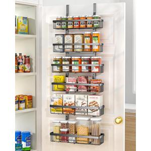 Moforoco 6 Tier Over the Door Food Storage Cabinet Organizer Black Hanging Kitchen Basket Organizer Wall Mounted Spice Rack Rear Cabinet Door Spice Rack Bathroom Home Bedroom Organizer (Black, 6-Tier)