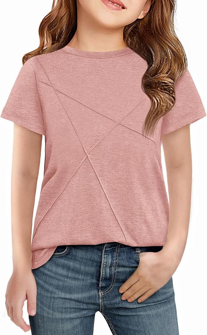 Haloumoning Girls Short Sleeve T Shirts Kids Summer Fashion Pleated Crewneck Tops Tees 5-14 Years (Pink)