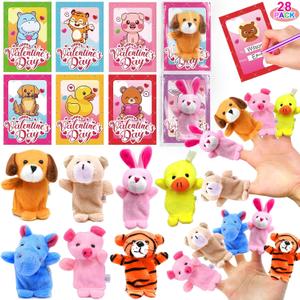 AMENON 28 Pack Valentine's Day Gifts for Kids with Animal Finger Puppet Plush Toy (7 designs) Valentine's Cards for Kids Boys Girls School Valentine Classroom Exchange Gift Prize Party Favor Game