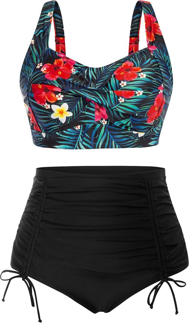 Hanna Nikole Women Plus Size Two Piece Swimsuit Sets Twist Front Bikini Bathing Suit with Drawstring Ruched Bottom (Red&white Flowers), 22Plus