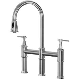 Kitchen Faucets with Sprayer, 3 Holes High Arc Double Handle Classic Stainless Steel Sink Faucet with Pull Down Sprayer Suitable for Farmhouse Camper Laundry Rv Bar, Brushed Nickel