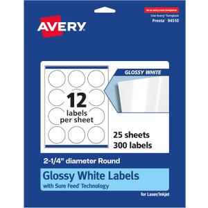 Avery Glossy White Round Labels, Sure Feed Technology, 2.25" Diameter, 300 Glossy White Labels, Print-to-The-Edge, Permanent Adhesive, Laser/Inkjet Printable