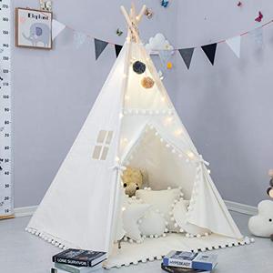 Tent for Kids with Padded Mat, Foldable Play Tent with Carry Bag for Indoor Outdoor, Pompom Lace Cotton Canvas Playhouse Tipi for Girls Boys, Pack Of 2