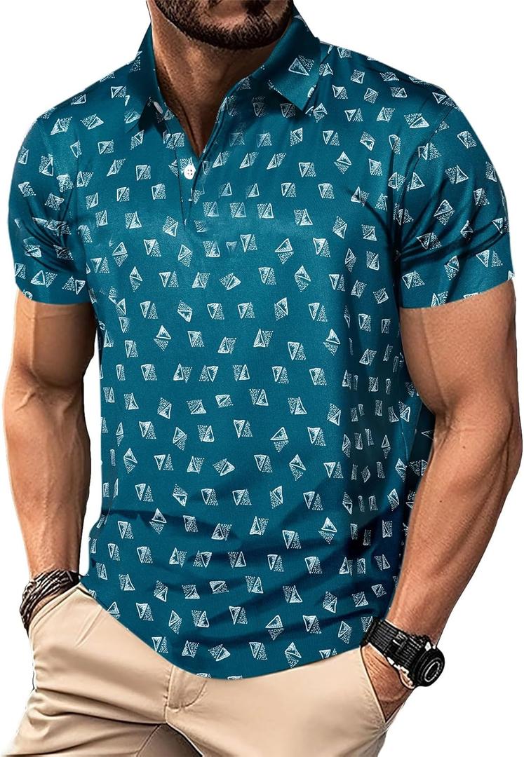 M MOTEEPI Men's Fashion Polo Shirts Short Sleeve Casual Lightweight Collar Slim Fit Golf Shirts T Shirts (Dark Green Triangle)