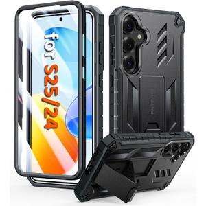 FNTCASE for Samsung Galaxy S25 Case: for Galaxy S24 Case Military Grade DropProof Protection Cover with Kickstand | Matte Textured Rugged Shockproof TPU | Protective Sturdy Phone Case - 6.2 inch Black