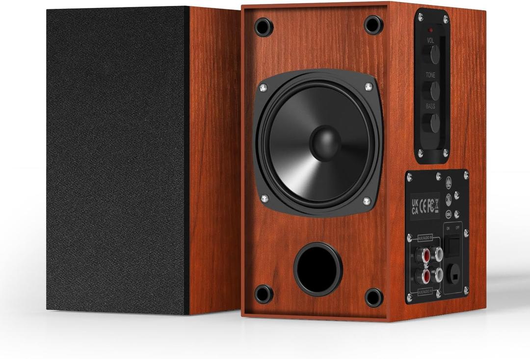 Elimavi Powered Bookshelf Speakers, 30W X 2 Turntable Speakers with 4 Inch Woofer, Record Player Speakers with AUX Input for PC and TVs,Wood Grain Color for Wall Mounting (Brown)