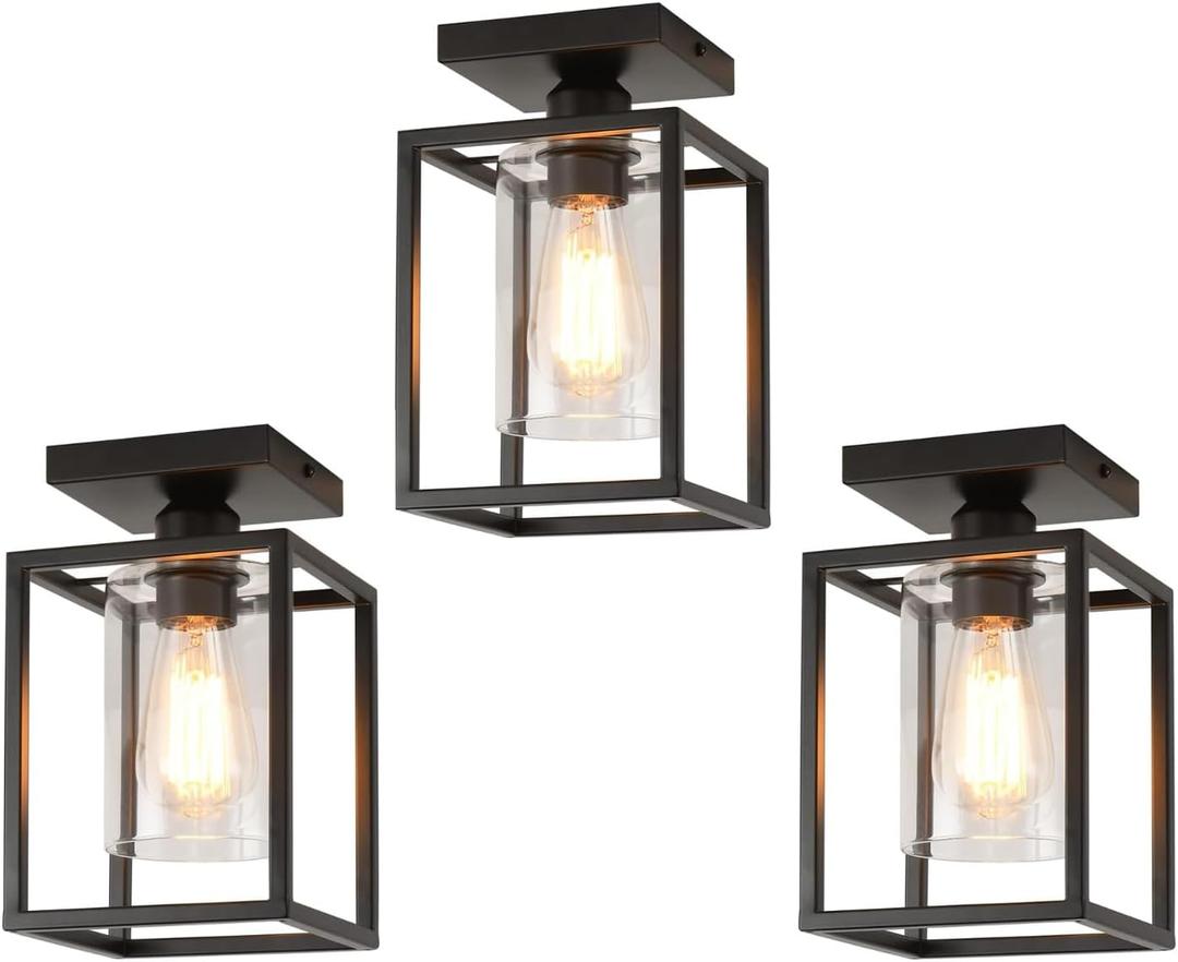 3 Pack Semi Flush Mount Ceiling Light,Black Metal Frame Ceiling Light Fixture with Clear Glass Shade, Farmhouse Light Fixture for Kitchen Island Entryway Porch Foyer
