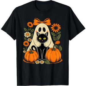 Retro Floral Ghost Coquette Bow Pumpkin Halloween Black Cat T-Shirt