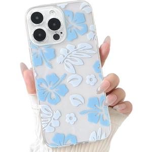 2 x NITITOP Compatible with iPhone 16 Pro Max Case Cute Clear Aesthetic Floral Flower Hibiscus Pattern for Girls Women Soft TPU Full Camera Lens Shockproof Protective Phone Cover - Blue