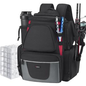 Piscifun Fishing Backpack with 2 Rod Holders & 4 Tackle Boxes, Large Tackle Storage Bag With Rain Cover for Fishing Gear (Black)