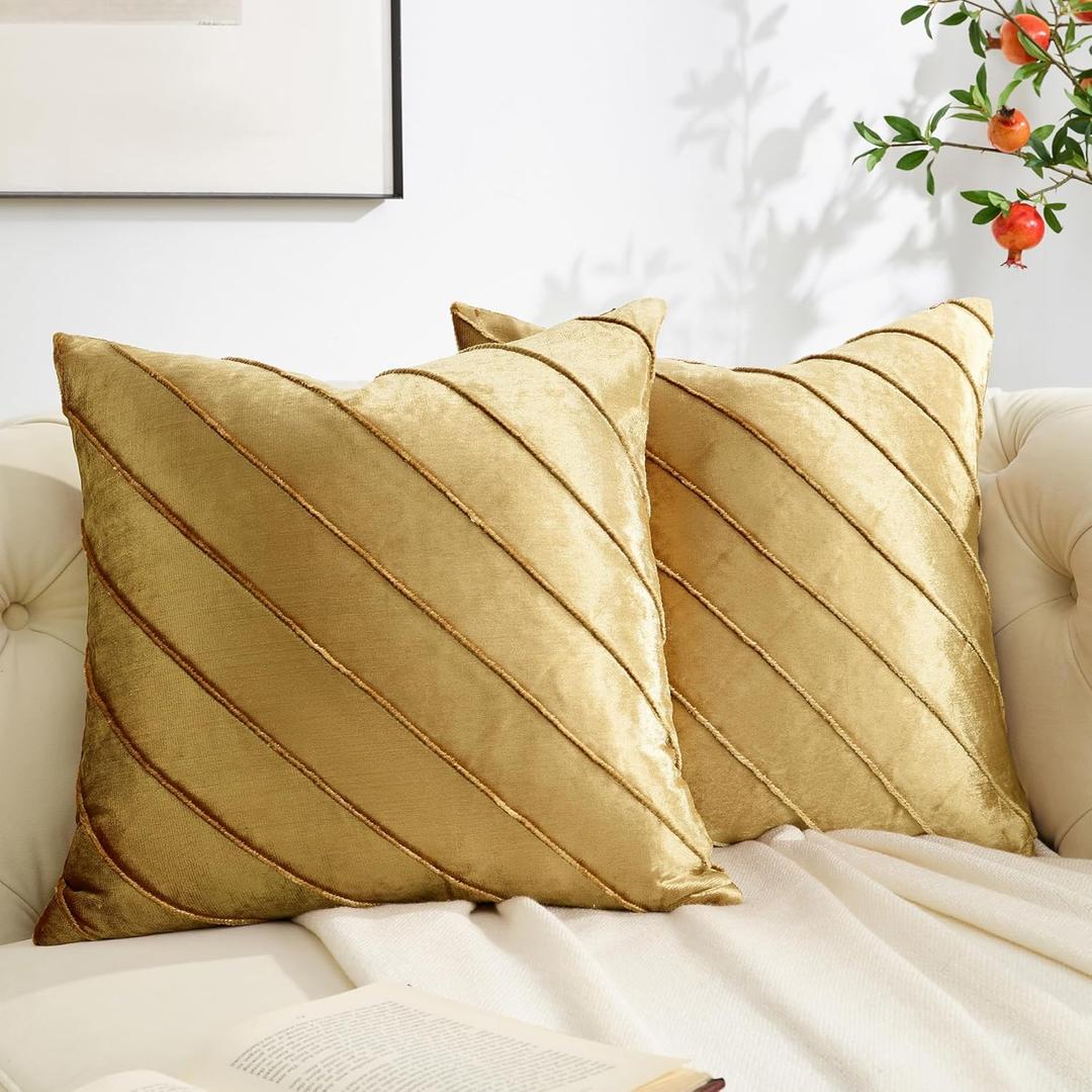GIGIZAZA Decorative Polyester Pillow Covers 20x20, Set of 2 Gold Sofa Couch Throw Pillows Covers Cases, Living Room Square Cushion Accent Stripe Covers