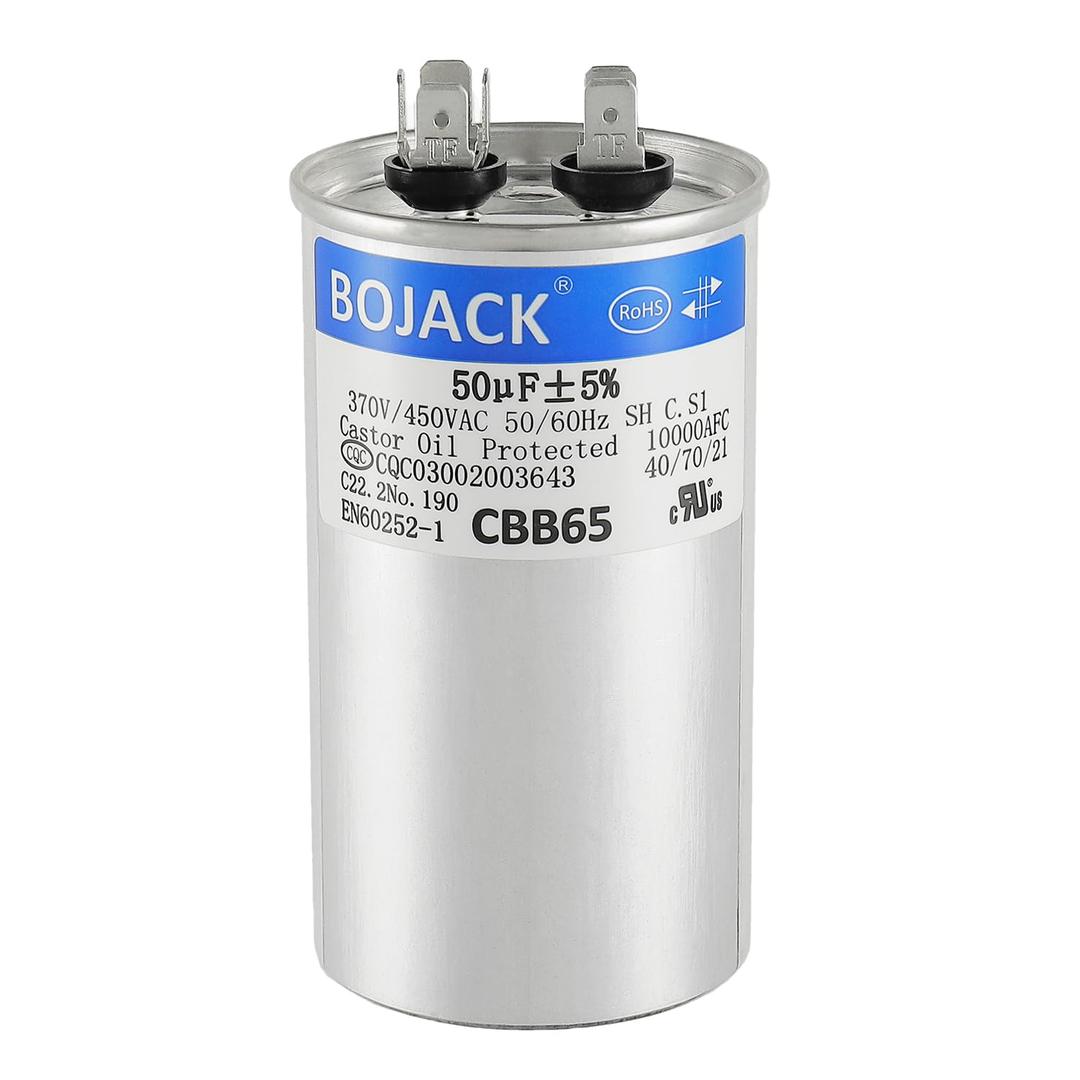 BOJACK 50 uF 5% 50 MFD 370/450 V CBB65 Round Run Start Capacitor for AC Motor Run or Fan Start and Cool or Heat Pump Air Conditione