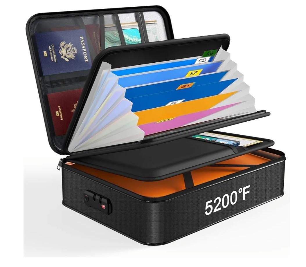 Noiposi 5200℉ Fireproof Document Box, 16.1x 11.4x4.3 Inch Waterproof and Fireproof Document Organizer,Portable Home Travel Safe Storage Box for Legal Size Documents,File and Birth Certificate,Black