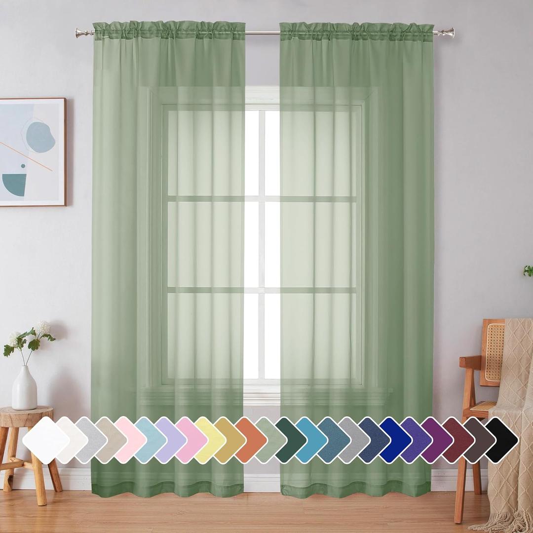 Simplebrand Sage Green Sheer Curtains 90 Inches Long 2 Panels, Light Filtering Rod Pocket Solid Color Window Sheer Curtain Panels, Elegant Curtains & Drapes for Living Room, Bedroom, 42" W x 90" L