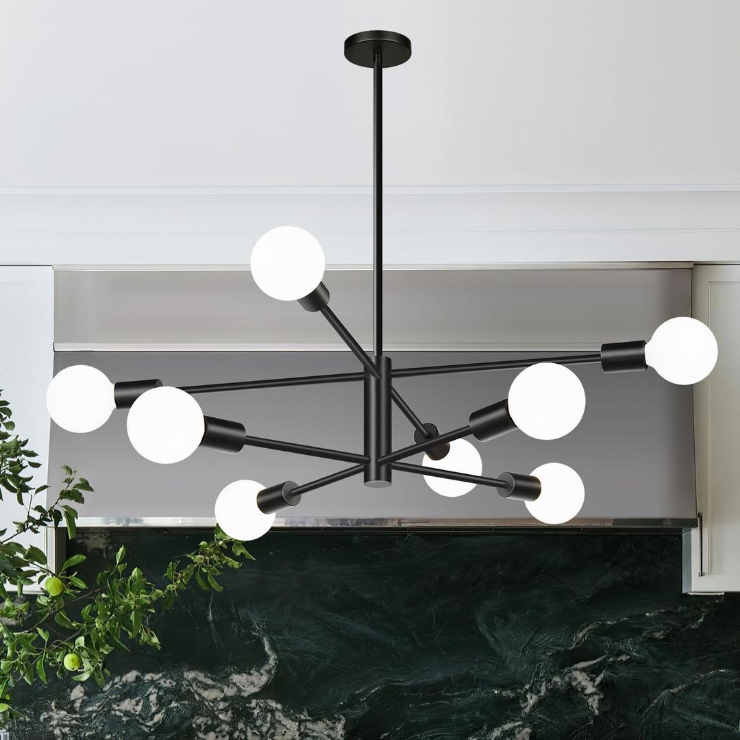 Sputnik Chandeliers Dining Room Light Fixture (8-Light, 30-Inch), Modern Black Chandelier, Height Adjustable Mid Century Modern Chandeliers for Dining Room Kitchen Island (Bulbs Not Included)