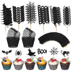 Honeydak 120 Pcs Halloween Cupcake Wrappers and Toppers Set 60 Artistic Cupcake Wrappers Lace Laser Cut Liner and 60 Bat Ghost Witch Cake Toppers Picks Glitter for Halloween Party Decor (Black)