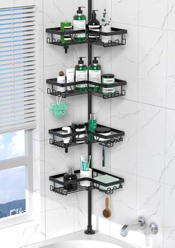 DAOYA Corner Shower Caddy Tension Pole - 4 Tier Stainless Steel Rustproof Shower Corner Caddy for Bathroom Shower Organizer Shelves Adjustable Pole 25-114.2 Inch Black