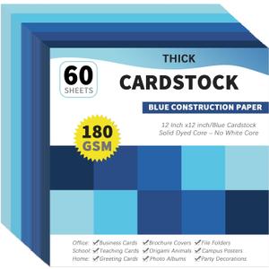 gisgfim 60 Sheets Blue Cardstock 12 X 12 Solid Dyed Core Construction Paper Cardstock 5 Assorted Colors Card Stock Printer Scrapbook Paper 65lb/180gsm for Embossing Printing Invitations DIY Craft