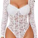 Avidlove Womens Bodysuits Long Sleeve Body Suits Womens Lace Going Out Tops One Piece Bodysuits for Women with Snap Crotch (Small, White)