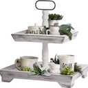 Tiered Tray Stand Farmhouse Tiered Tray for Decors Holder 2 Tiered Tray Stand for Kitchen Bedroom Entryway Coffee Bar (Pure White)
