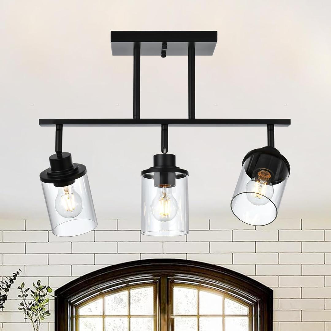 Track Lighting Fixtures 3 Light Ceiling Lights with Adjustable Track Heads, Black Bathroom Vanity Light with Clear Glass Shade, Modern Track Lighting Kit for Kitchen Office Living Room