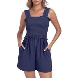 QIXING Women's Summer Casual Rompers Dressy Smocked Loose Comfy Short Jumpsuits Vacation Outfits With Pockets, Size: M QIXING Women's Summer Casual Rompers Dressy Smocked Loose Comfy Short Jumpsuits Vacation Outfits With Pockets, Size: M