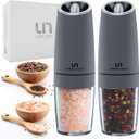 Urban Noon Gravity Salt and Pepper Grinder Set - Battery Operated Electric Grinders with Light (2 Matte Gray Mills) - Automatic One Handed Operation - Electronic Adjustable Shakers - Ceramic Grinders