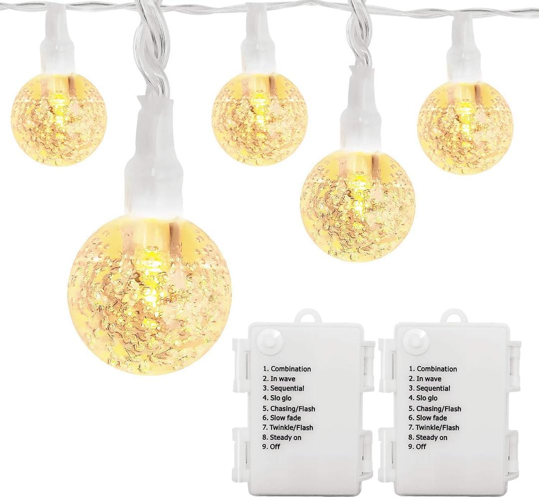 Battery Operated Globe String Lights 16FT Waterproof 30 LED 8 Modes Outdoor String Lights Crystal Ball String Light with Timer for Backyard Garden Balcony Pergola, Warm White (2 Pack)