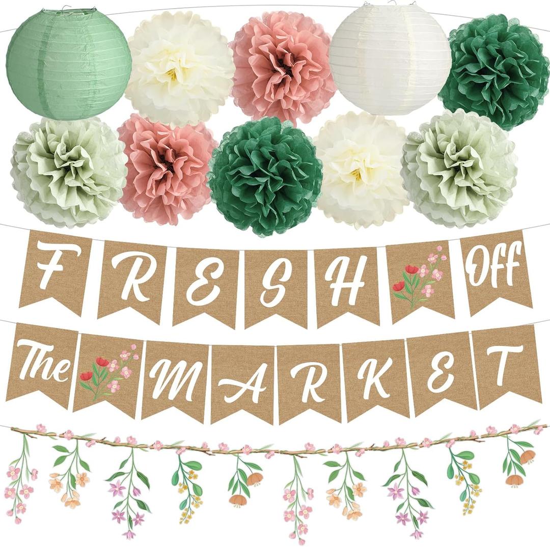 Mooliwe 14 Pcs Bridal Shower Decorations Sage Green Bachelorette Party Decorations Fresh off the Market Banner Wildflower Garland Paper Lanterns for Wedding Bachelorette Engagement Party Supplies