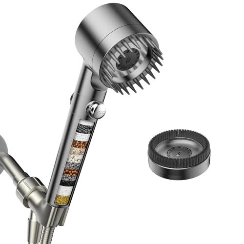 Filtered Shower Head with Handheld, High Pressure Water Flow and Multiple Spray Modes Shower Head with Filter, Power Wash for Hard Water, Showerhead with ON/OFF Switch for Pets Bath (Light Gray)