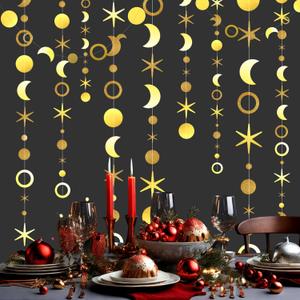 Tenceur 39ft Gold Party Decor Glitter Gold Moon Star Circle Paper Garland Bunting Banner Streamers Metallic Hanging Decor for Christmas New Year Birthday Ramadan Baby Shower Wedding Party Supplies
