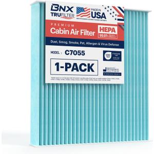 BNX TruFilter C7055 Cabin Air Filter, HEPA 99.97%, MADE IN USA, Compatible With Toyota Camry, Corolla, Highlander, RAV4, Tundra, Prius, 4Runner; Subaru Outback, Legacy; Lexus RX, GS, GX, IS, LS, ES