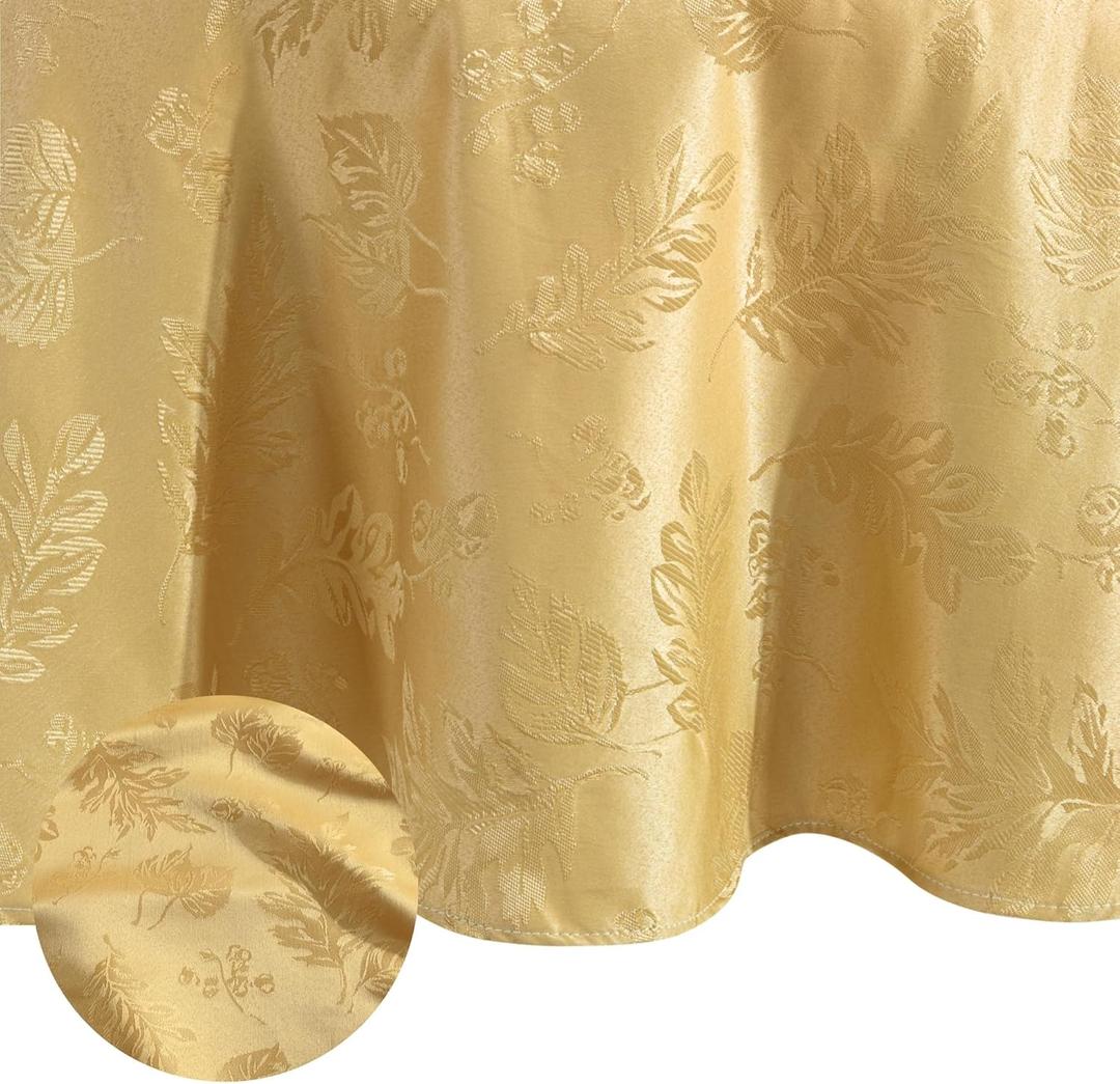 Elrene Home Fashions Elegant Woven Leaves Jacquard Damask Wrinkle Resistant Tablecloth, 70" x 70", Round, Gold