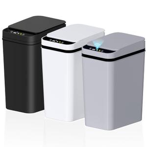 3 x jinligogo 3Pack Bathroom Small Trash Can with Lid, 2.6 Gallon Touchless Automatic Garbage Can Slim Waterproof Motion Sensor Smart Trash Bin for Bedroom, Office, Living Room White/Black/Grey
