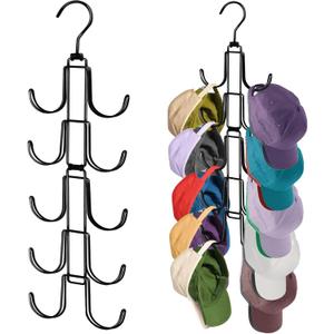 Hat Organizer for Closet, Collapsible Metal Caps Rack with 10 Large Hooks, Holds Up to 40 Baseball Caps, Rotatable Space Saving Hat Hanger for Closet Organizers and Storage, Black