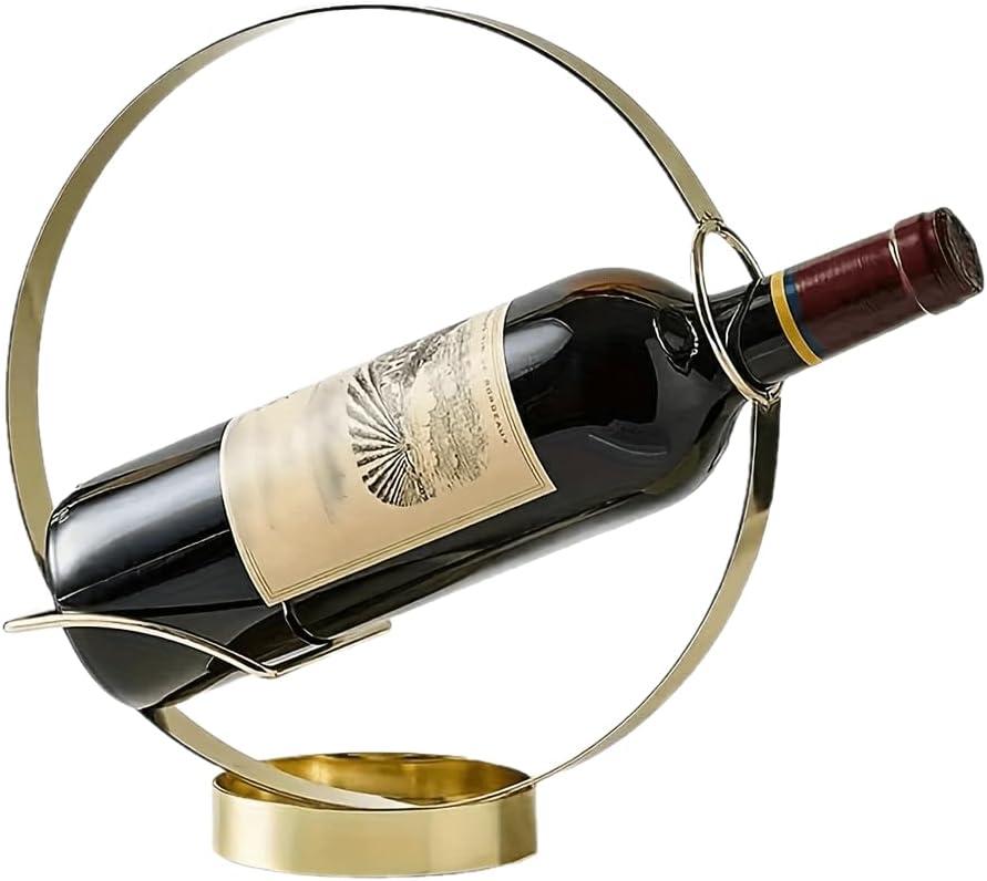 Modern Single Wine Bottle Display Stand, Gold Circle Design with Woven Base, Decorative Holder