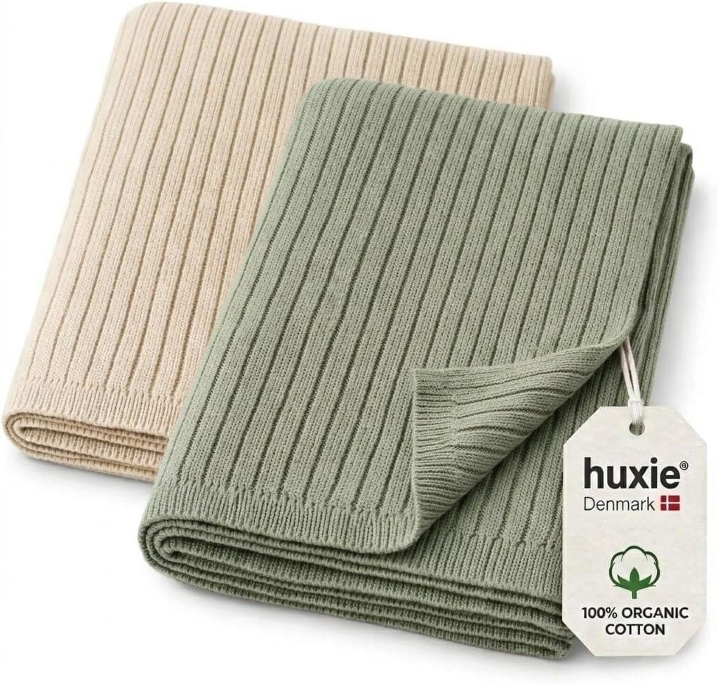 Knitted Organic Cotton Baby Blanket- Swaddle Blanket, 30" x 40" Soft Receiving Blanket for Newborn (2-Pack Fog/Roman Green)
