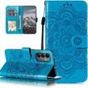 EYZUTAK Case for Samsung Galaxy A16 4G/5G, Premium Leather Magnetic Closure Flip Wallet Phone Case with Card Holder Cash Slot Stand Function Embossed Mandala Flower Slim Shockproof Lanyard Cover -Blue