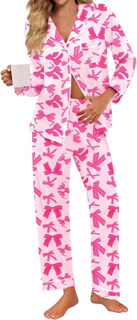 SWOMOG Pajamas for Women Sets 2 Piece Button Down Printed Pjs Long Sleeve Shirt and Pants Fall Sleepwear Cute Loungewear (Large, Hot Pink Bow)
