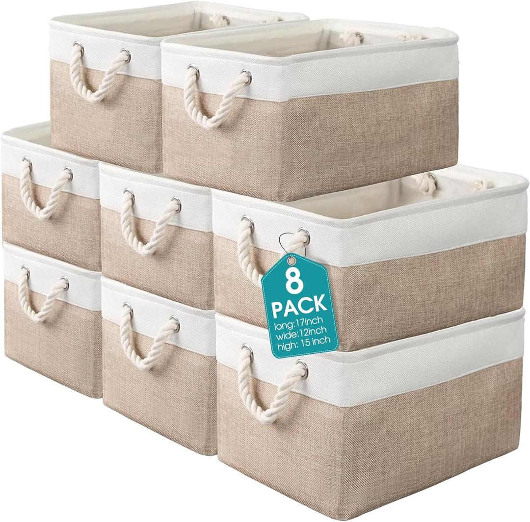 meekoo 8 Pack Collapsible Storage Bins Fabric Storage Bins Polyester Fabric Baskets with Handles Linen Closet Organizer for Shelf Home Closet Towels Toys(17 x 12 x 15 in,Beige)