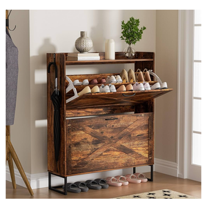 Shoe Cabinet with 2 Flip Drawers, Freestanding Shoe Organizer with Removable Hooks, Narrow Shoe Rack Cabinet for Entryway, Hallway, Living Room, Rustic Brown