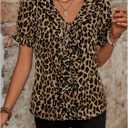 Milumia Women's Leopard Print Ruffle Trim Blouse V Neck Short Puff Sleeve Casual Work Shirt Tops (L)