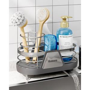 Kitsure Sponge Holder for Kitchen Sink - Space-Saving Kitchen Sink Caddy, Rustproof Metal Organizer with Removable Brush Holder, 7.9"3.9"5.3", Grey