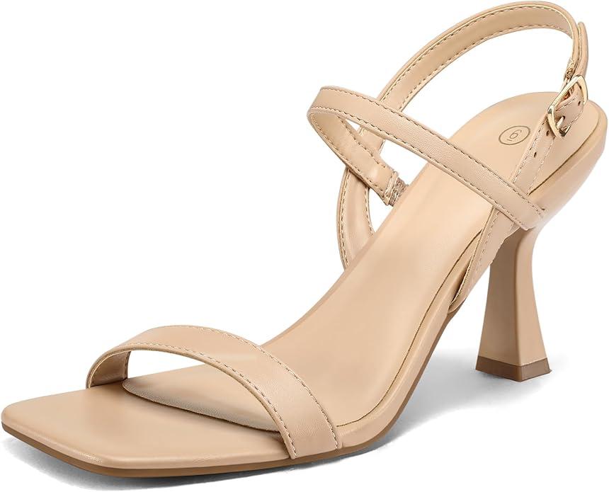 mysoft Women's Strappy Stiletto Heels Open Square Toe Ankle Strap Dress Shoes 3 Inch Kitten Heeled Sandals Size 7,5