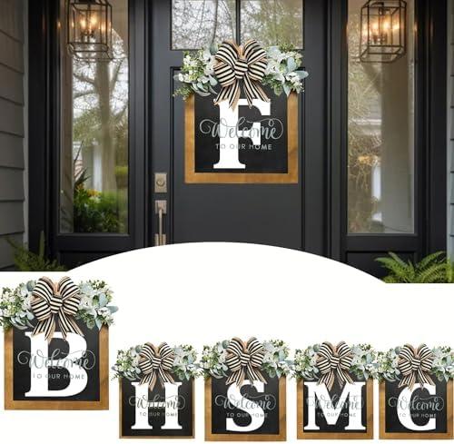 16 Inch Last Name Year-Round Front Door Wreath with Family Surname Welcome Logo for Front Door Outside Wall Window Festival Porch Farmhouse Patio Garden Decor-F